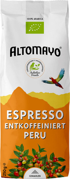 *Bio BIO Espresso gemahlen ENTKOFFEINIERT im Beutel (250g) Altomayo