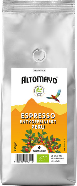 *Bio BIO Espresso Bohnen ENTKOFFEINIERT im Beutel (250g) Altomayo